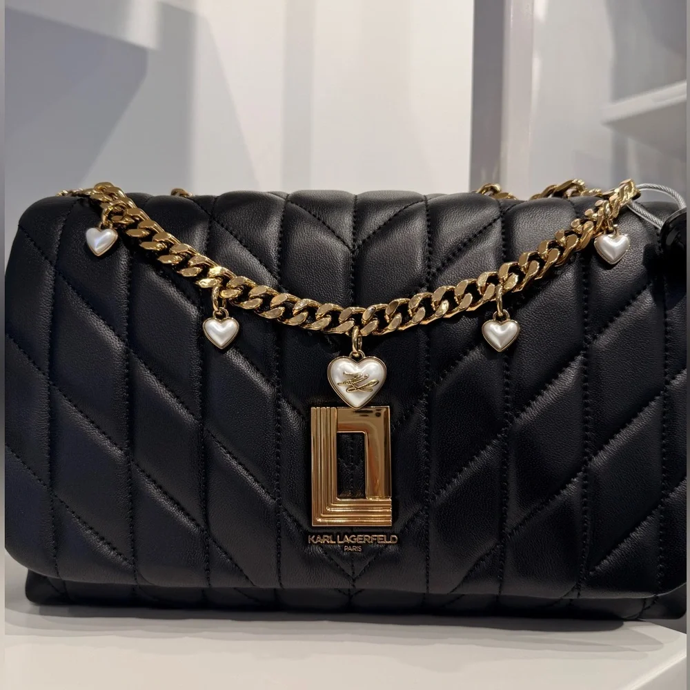 KARL LAGERFELD PARIS Lafayette Quilted Shoulder Bag Black Heart Charm Chain Gold